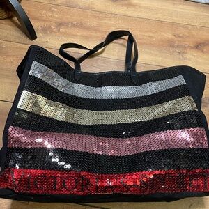 Victoria’s Secret Large Sequin Tote Bag Black Colorful Stripes Bling Weekender